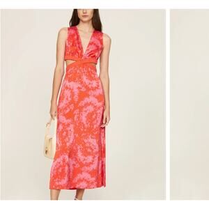 Thakoon Red Pink Satin Floral Midi Dress Size 6 Tropical Cutout Vacation $375
